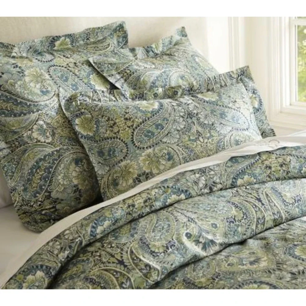 Pottery Barn Full Queen Duvet Cover Blue Green Paisley Floral Organic Cotton